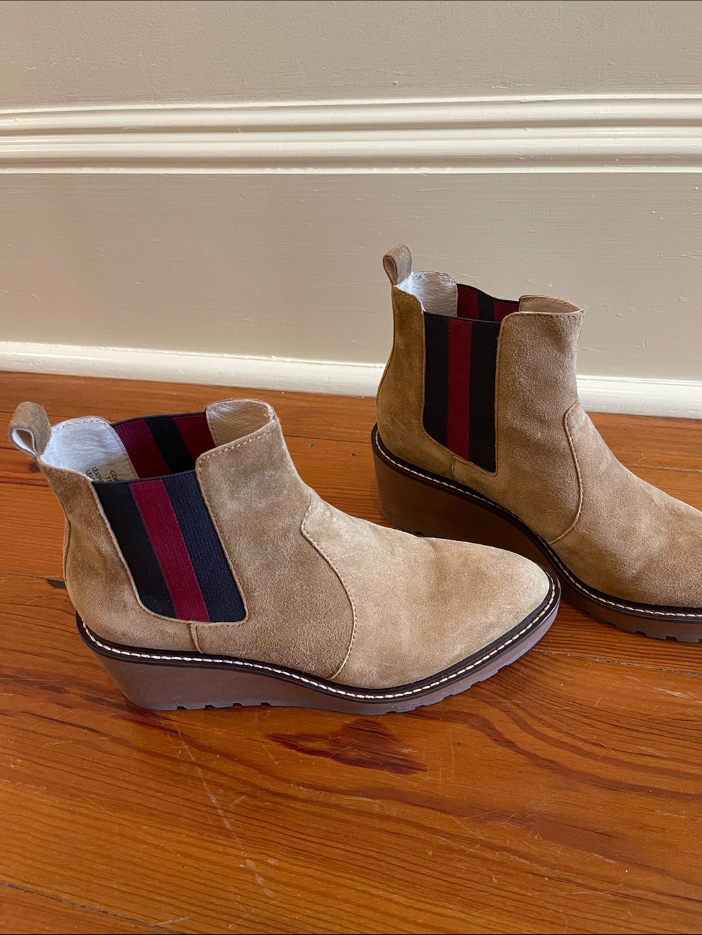 CECELIA NEW YORK Tan Suede Chelsea Wedge Boots with Red & Navy Elastic Panels